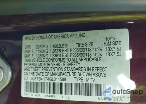 2016 Acura Rdx Advance Package z USA, uszkodzony, nr VIN 5J8TB4H74GL014588